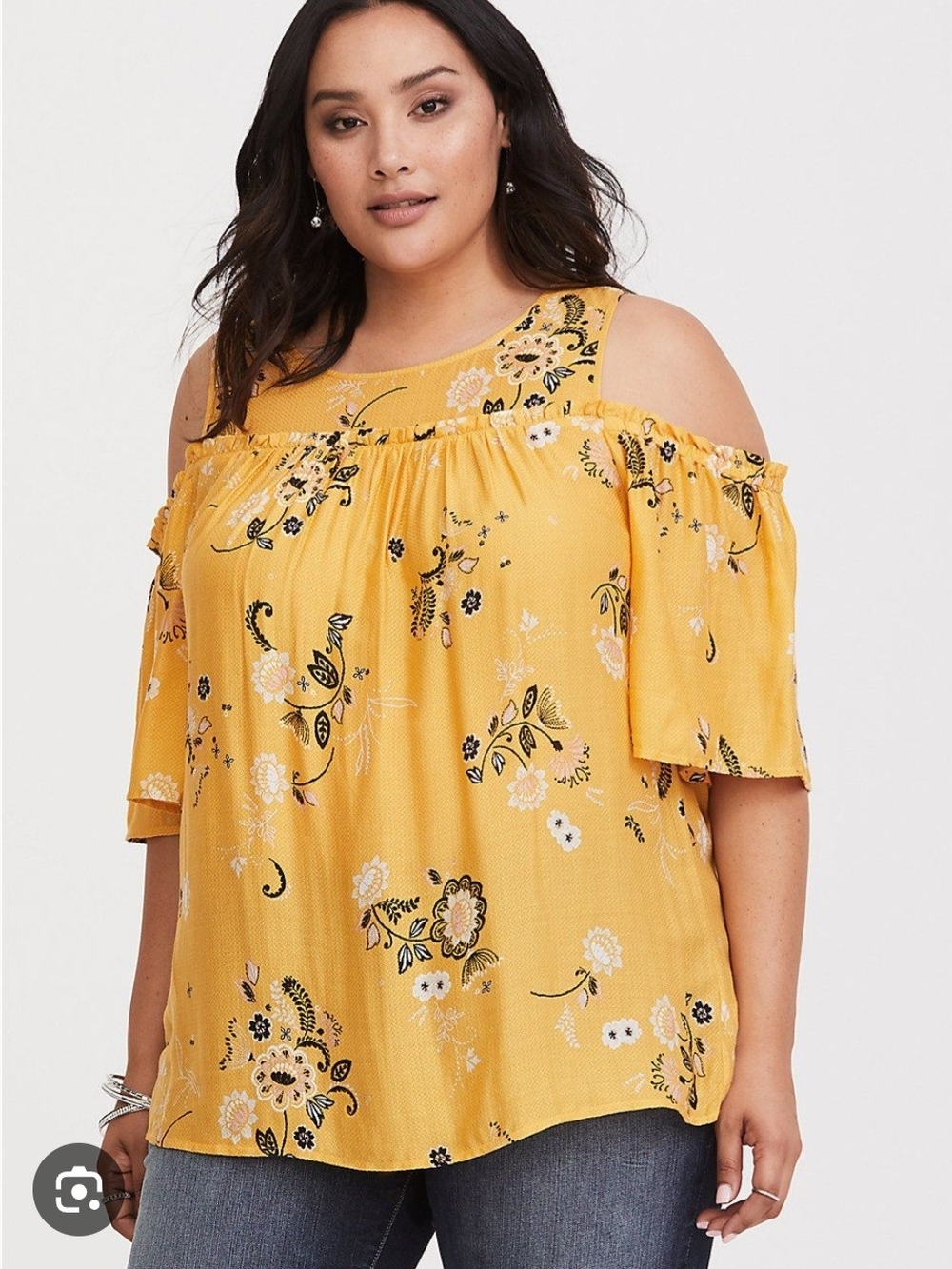 Torrid Sz 2 Mustard Floral Cold-Shoulder Peasant Top